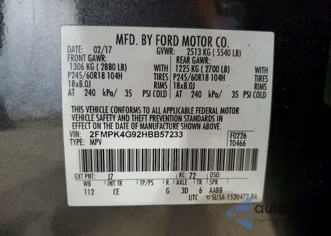 2017 Ford Edge Se from USA, damaged, VIN 2FMPK4G92HBB57233